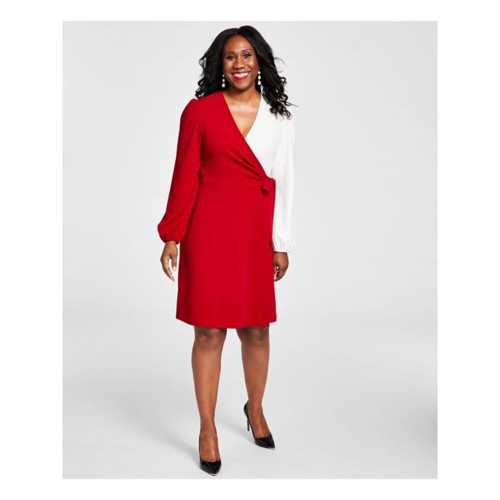 KASPER DRESS Womens Red Tie Pullover Long Sleeve Faux Wrap Dress XXL